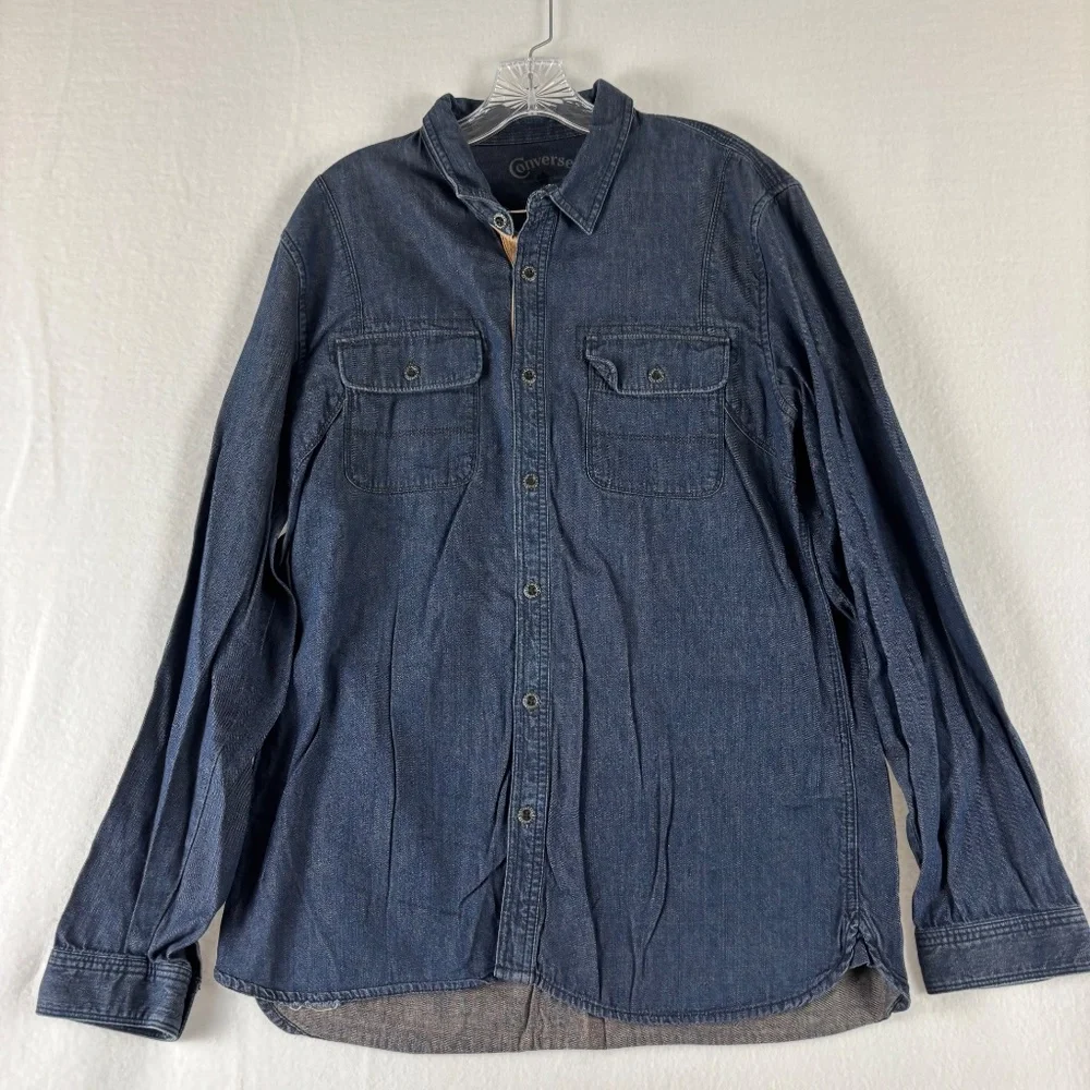 Converse, One Black Canvis, Western, Denim, Cotton, Shirt, Size L, Blue